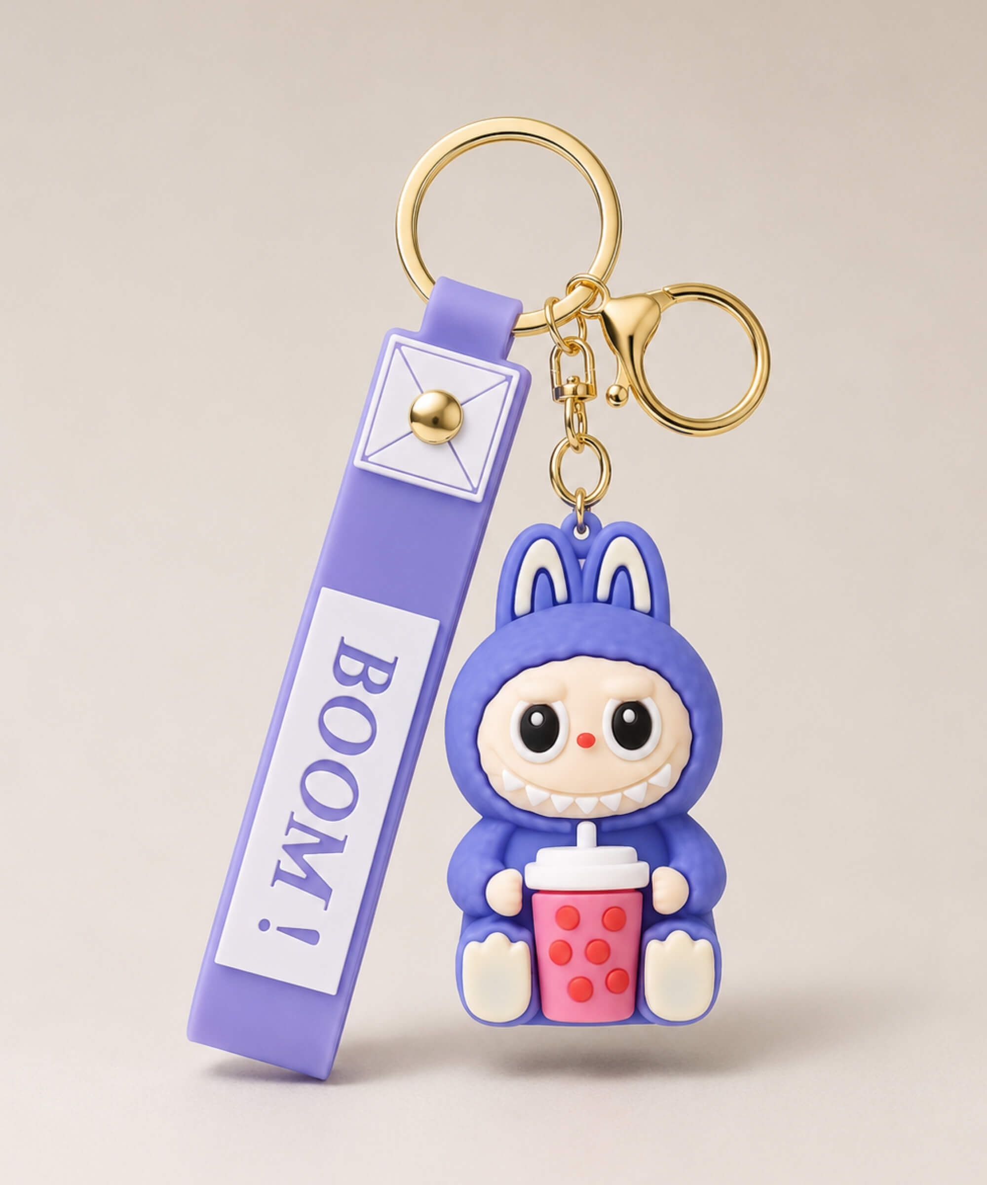 Purple Labubu style bubble tea keychain